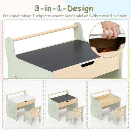 3 in 1 children's seating group made of wood, children's table with chair, children's painting table with reversible table top