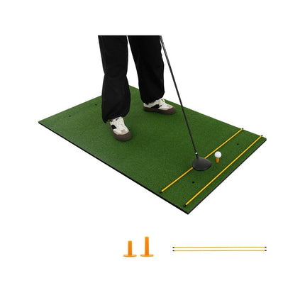 3-in-1 golf tee mat with artificial turf, 2 golf tees, 2 alignment stakes, and 6 pre-drilled tee holes, 152 x 92 cm