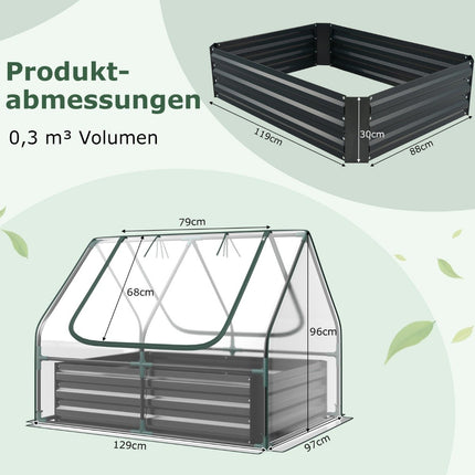3 in 1 greenhouse with raised bed metal planter box PVC film flower bed with two windows silver 129 x 97 x 96 cm
