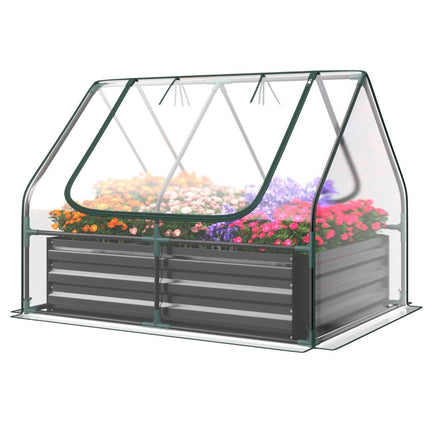 3 in 1 greenhouse with raised bed metal planter box PVC film flower bed with two windows silver 129 x 97 x 96 cm