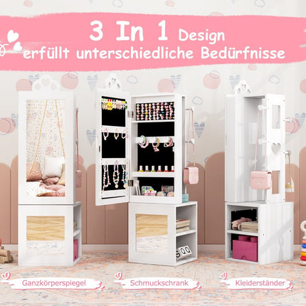 3 in 1 mirror cabinet with full length mirror &amp; Clothes rack children's jewelry cabinet white