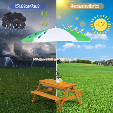 3-in-1 outdoor picnic table water & sand table with game boxes & umbrella natural and white