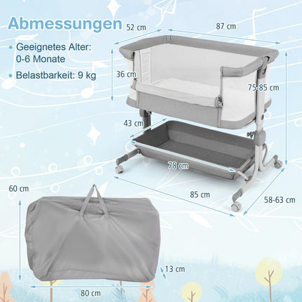 3 in 1 side bed travel cot baby with mattress baby bed 6 compartments height adjustable with storage basket gray