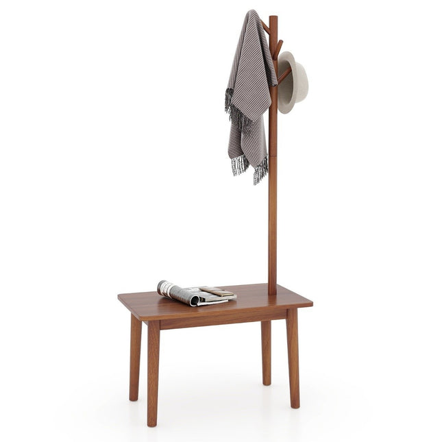 3 in 1 side table made of solid wood coat rack with shoe bench 76 x 43 x 168 cm brown
