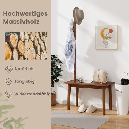 3 in 1 side table made of solid wood coat rack with shoe bench 76 x 43 x 168 cm brown