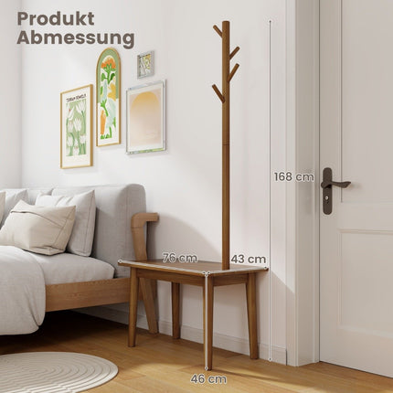 3 in 1 side table made of solid wood coat rack with shoe bench 76 x 43 x 168 cm brown