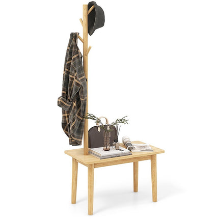 3 in 1 side table made of solid wood, coat rack with shoe bench, 76 x 43 x 168 cm, natural