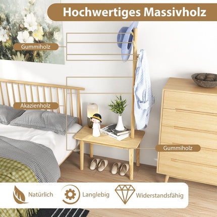 3 in 1 side table made of solid wood, coat rack with shoe bench, 76 x 43 x 168 cm, natural