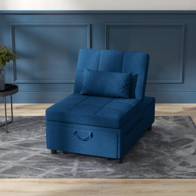Sofa rozkładana 3 w 1 z funkcją spania, rozkładana sofa, fotel do spania z boczną kieszenią, regulowane oparcie, nośność do 150 kg, do salonu, sypialni, niebieski