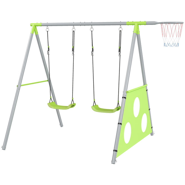 Outdoor 3-in-1 swing set with basketball hoop and goal