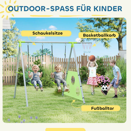 Outdoor 3-in-1 swing set with basketball hoop and goal
