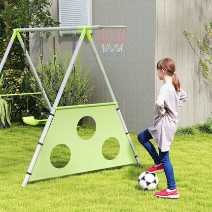 Outdoor 3-in-1 swing set with basketball hoop and goal