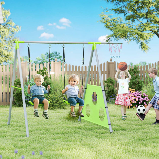 Outdoor 3-in-1 swing set with basketball hoop and goal