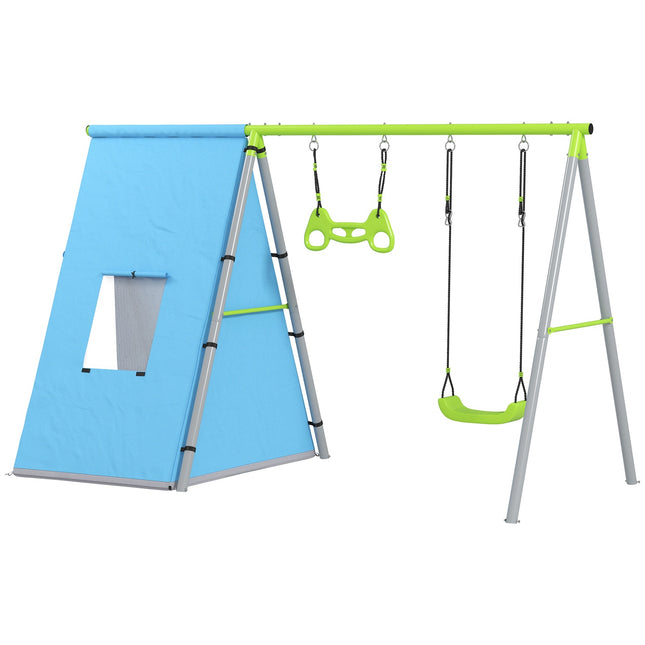 Outdoor swing set with tent, swing & rings - green