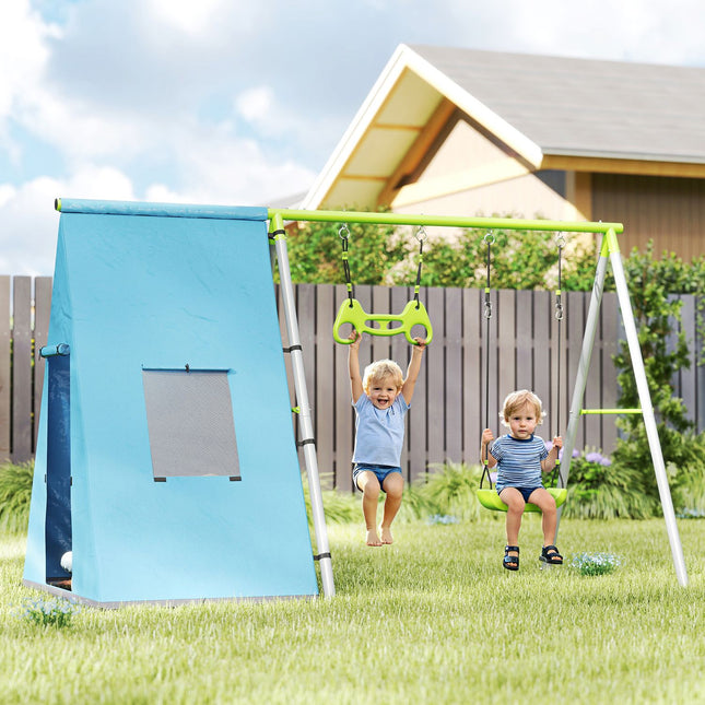 Outdoor swing set with tent, swing & rings - green
