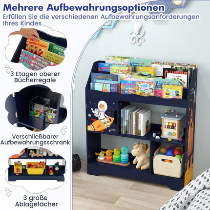 3 in 1 toy shelf with storage compartments & door 3 tier children's shelf bookcase 93 x 30 x 100 cm blue