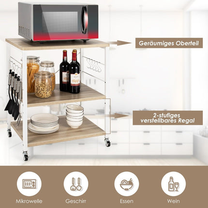 3 level serving trolley with adjustable shelf and 10 removable hooks 60 x 40 x 73 cm natural
