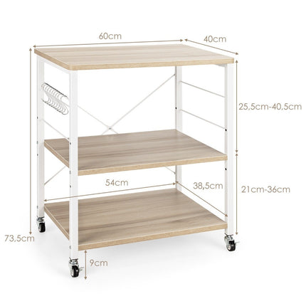 3 level serving trolley with adjustable shelf and 10 removable hooks 60 x 40 x 73 cm natural
