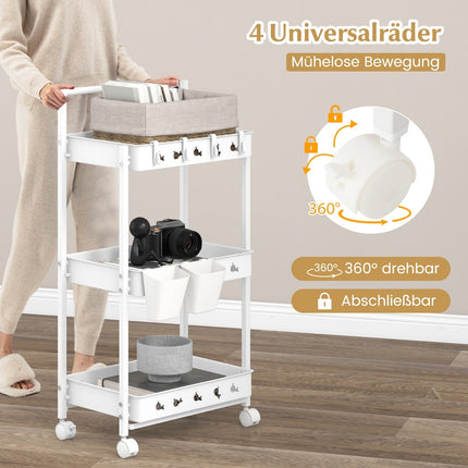 3 level trolley serving trolley with wheels kitchen trolley with 2 hanging cups 42 x 29 x 83 cm white