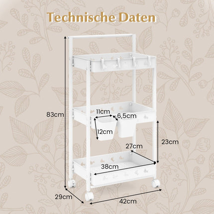 3 level trolley serving trolley with wheels kitchen trolley with 2 hanging cups 42 x 29 x 83 cm white