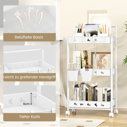 3 level trolley serving trolley with wheels kitchen trolley with 2 hanging cups 42 x 29 x 83 cm white