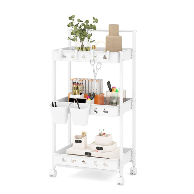 3 level trolley serving trolley with wheels kitchen trolley with 2 hanging cups 42 x 29 x 83 cm white