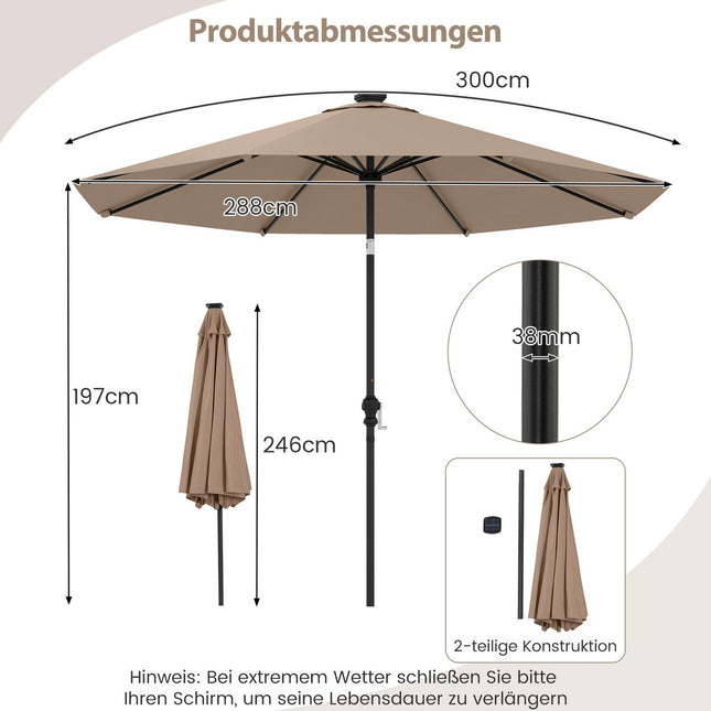 3m Patio Umbrella with Solar LED Lights, 9 Modes