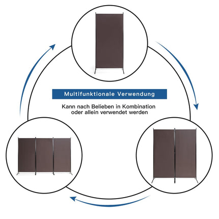 3 panel room divider with robust hinges and steel base freestanding privacy screen 260x 183 cm coffee