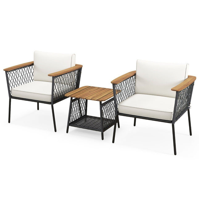 3 pcs. Garden Furniture Set Rattan Chair Set with 2 Tier Coffee Table Outdoor Conversation Set