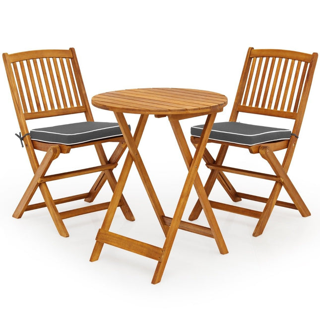 3-piece balcony furniture set with round table, 2 chairs, and 2 cushions. Ergonomic seating set, gray.
