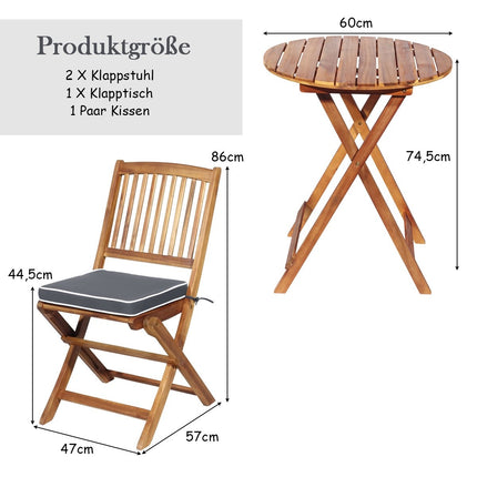 3-piece balcony furniture set with round table, 2 chairs, and 2 cushions. Ergonomic seating set, gray.