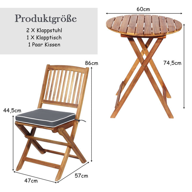3-piece balcony furniture set with round table, 2 chairs, and 2 cushions. Ergonomic seating set, gray.