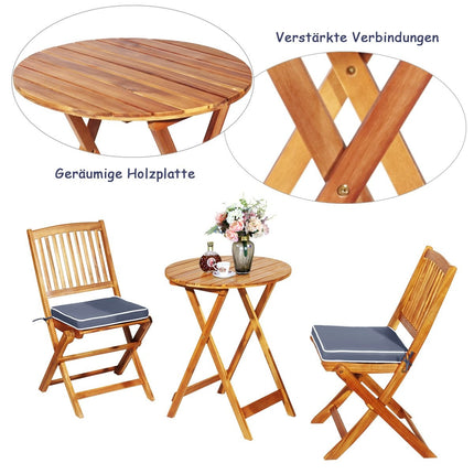 3-piece balcony furniture set with round table, 2 chairs, and 2 cushions. Ergonomic seating set, gray.