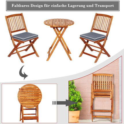 3-piece balcony furniture set with round table, 2 chairs, and 2 cushions. Ergonomic seating set, gray.