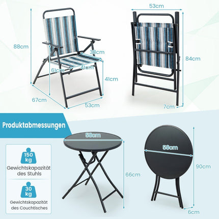 3-piece balcony set bistro table with 2 folding chairs seating set with robust metal frame