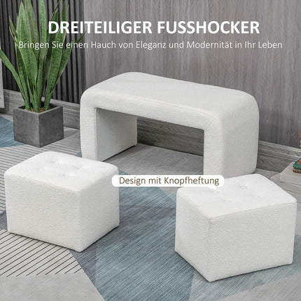White upholstered 3-piece ottoman set for living room