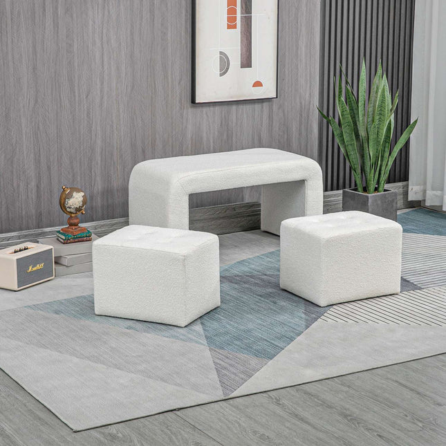 White upholstered 3-piece ottoman set for living room