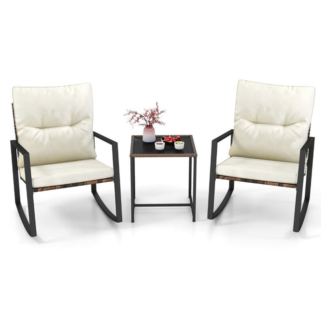 3-piece garden furniture set, balcony furniture with cushions, 2 rocking chairs and table