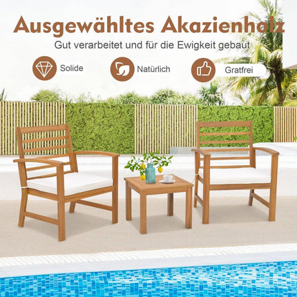 3-piece garden furniture set made of acacia wood with soft seat cushions and sturdy acacia wood frame