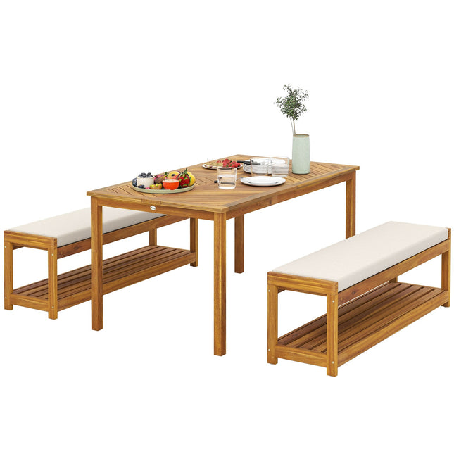 3-delige tuinmeubelset, zitset inclusief 1 eettafel met parasolgat, 2 banken 150 x 85 x 75 cm teak