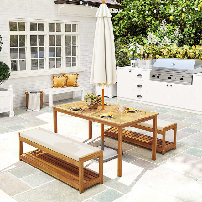 3-delige tuinmeubelset, zitset inclusief 1 eettafel met parasolgat, 2 banken 150 x 85 x 75 cm teak