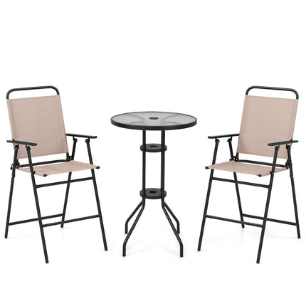 3-piece outdoor bistro set, patio bar table with 2 folding chairs and parasol hole, beige