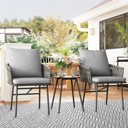 3-piece outdoor furniture set, 2 chairs, 1 table, bistro set, artificial rattan, steel frame, metal table, 4 cushions, grey