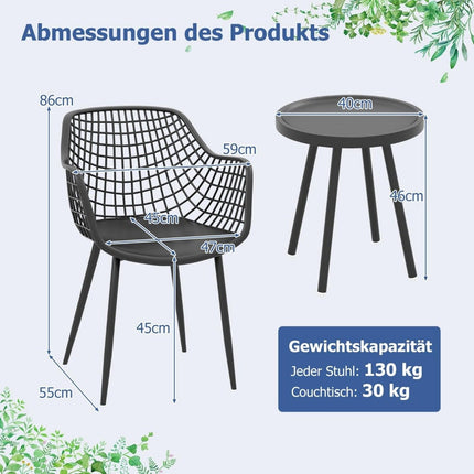 3-piece patio furniture set bistro chairs and side table with seats + table top made of PP black