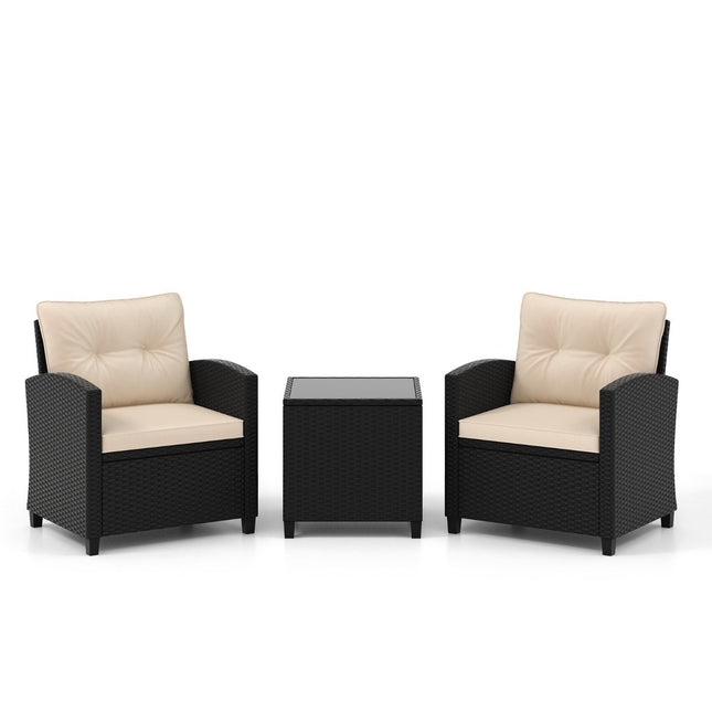 3-piece rattan garden furniture set including 2 armchairs and 1 side table, seating set with cushions, beige
