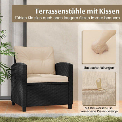 3-piece rattan garden furniture set including 2 armchairs and 1 side table, seating set with cushions, beige