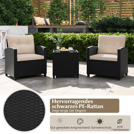3-piece rattan garden furniture set including 2 armchairs and 1 side table, seating set with cushions, beige