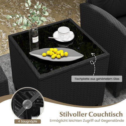 3-piece rattan garden furniture set including 2 armchairs and 1 side table, seating set with cushions, black