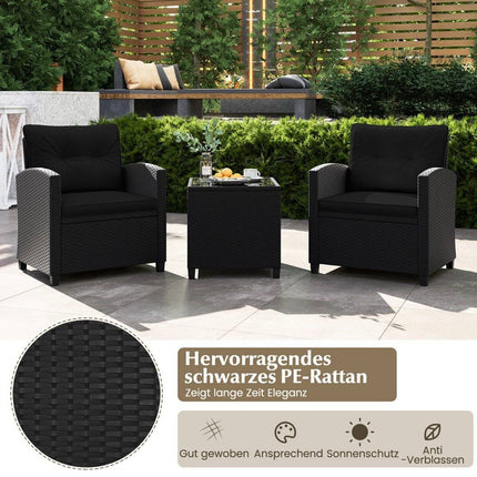 3-piece rattan garden furniture set including 2 armchairs and 1 side table, seating set with cushions, black