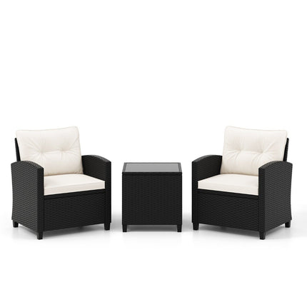 3-piece rattan garden furniture set including 2 armchairs and 1 side table, seating set with cushions, white